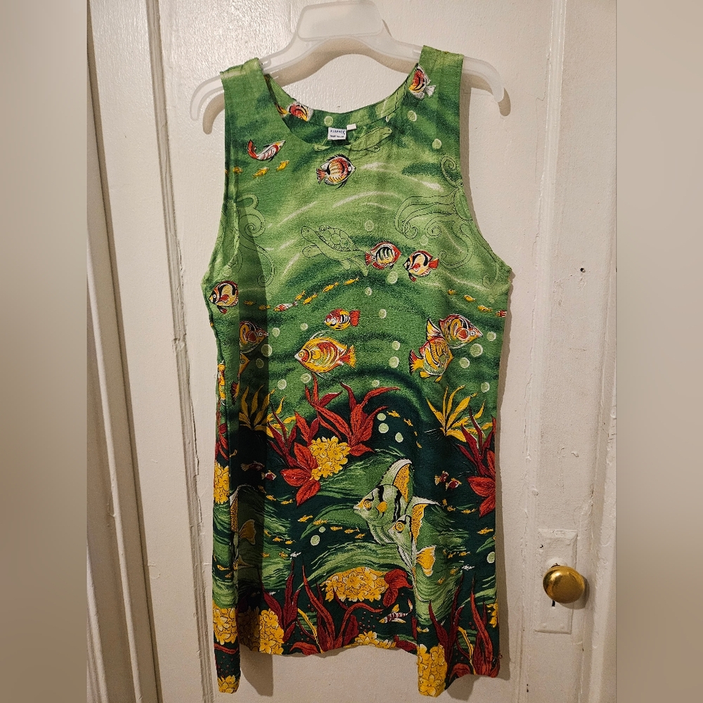 Ladies Cover-Up / mini Beaded Dress Rayon Sealife Print made in India size L EUC